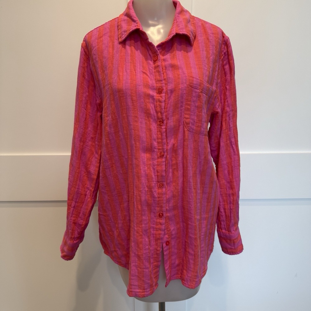 Z Supply Women's M Pink Coral Orange Striped Cotton Button Front Shirt Coastal
